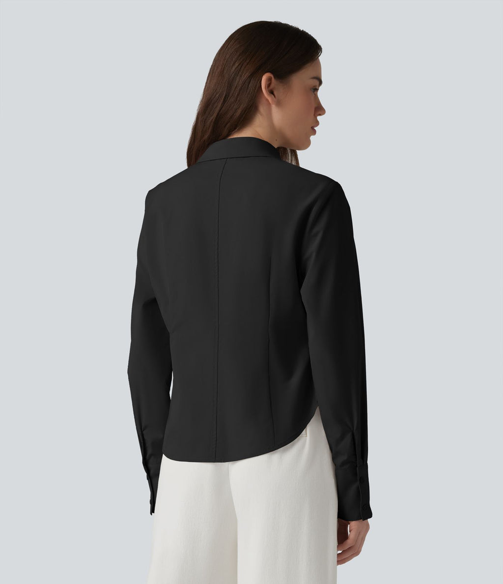 Chemise décontractée manches longues ourlet arrondi avec poche