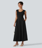 Robe longue casual fluide col U sans manches avec poches