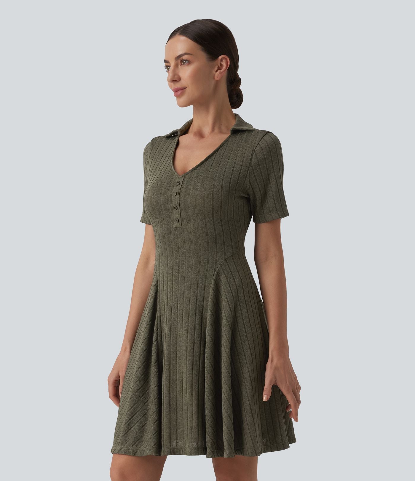 Robe mini casual évasée col V manches courtes en maille côtelée
