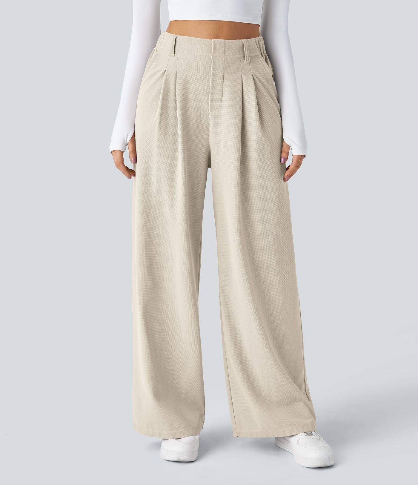 Pantalon Tailleur Large Fluide Halara Flex™ Gaufré Taille Haute Poches Latérales