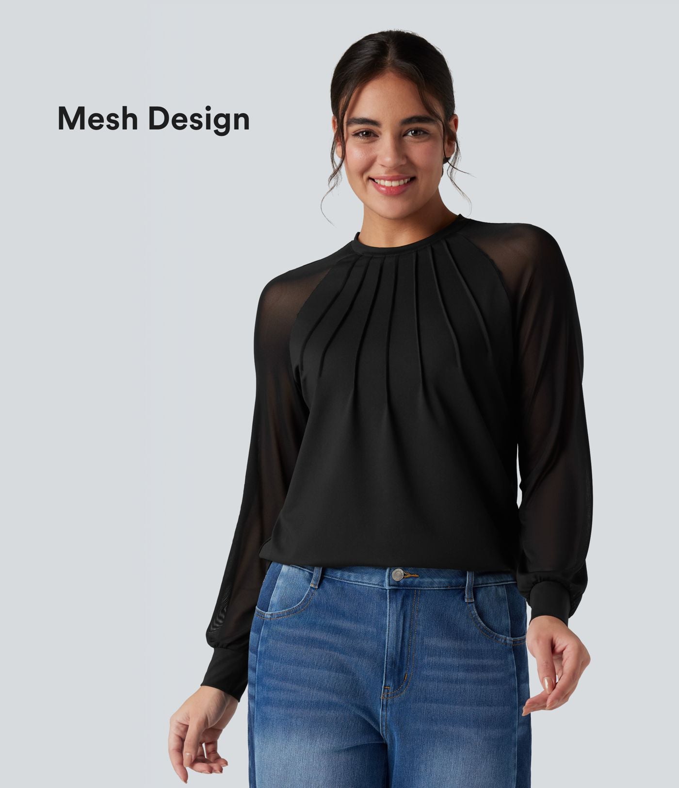 Blouse mesh contrastant col rond manches raglan longues