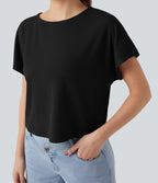 T-shirt décontracté maille côtelée manches chauve-souris coupe décontractée