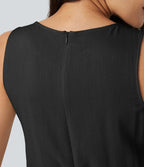 Combinaison casual col rond sans manches avec cordon de serrage, aspect lin et poches