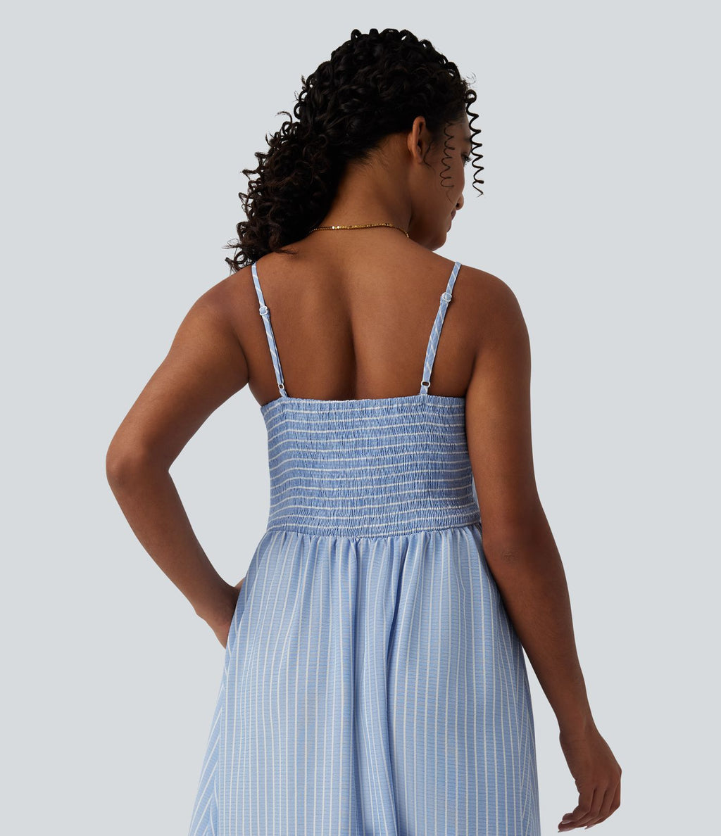 Robe midi bretelles à rayures froncée avec poches