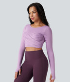 Top de sport yoga court push-up mousse col échancré manches longues avec trous pouces croisé