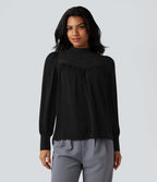 Chemise tailleur col montant dentelle contrastante manches longues
