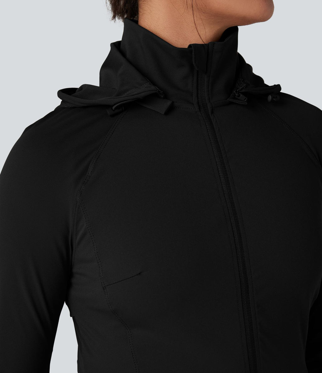 Veste randonnée capuche amovible double zip cordon de serrage avec trous pouces et poches