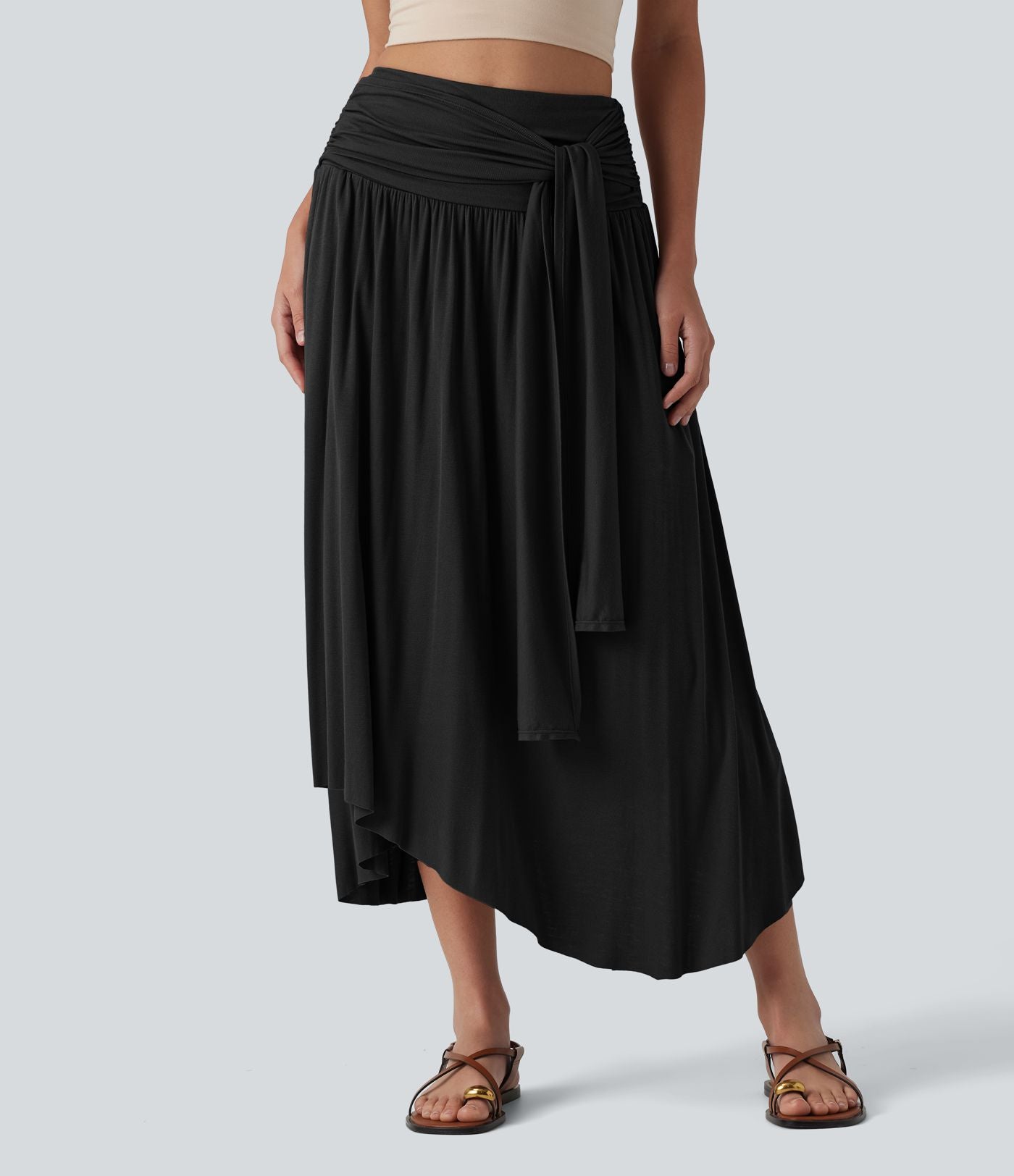 Jupe midi fluide casual gainante côtelée taille haute à nœuds latéraux et ourlet asymétrique avec poches