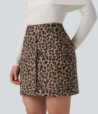 Jupe mini casual 2-en-1 léopard taille haute avec poche — Longueur allongée