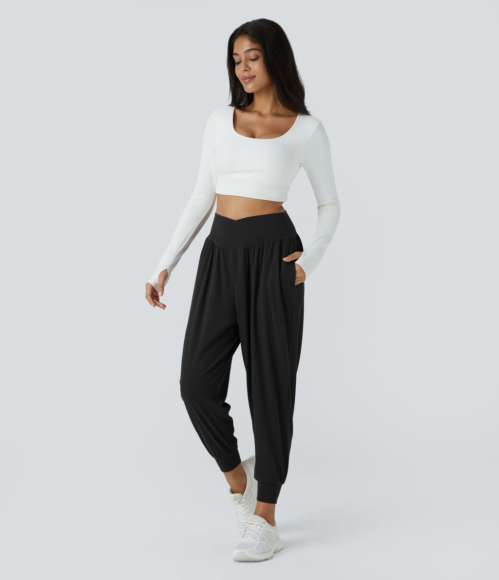 Jogging de Yoga à Taille Haute, Croisé Devant, Plis, Poches Latérales, en Tissu Gaufré