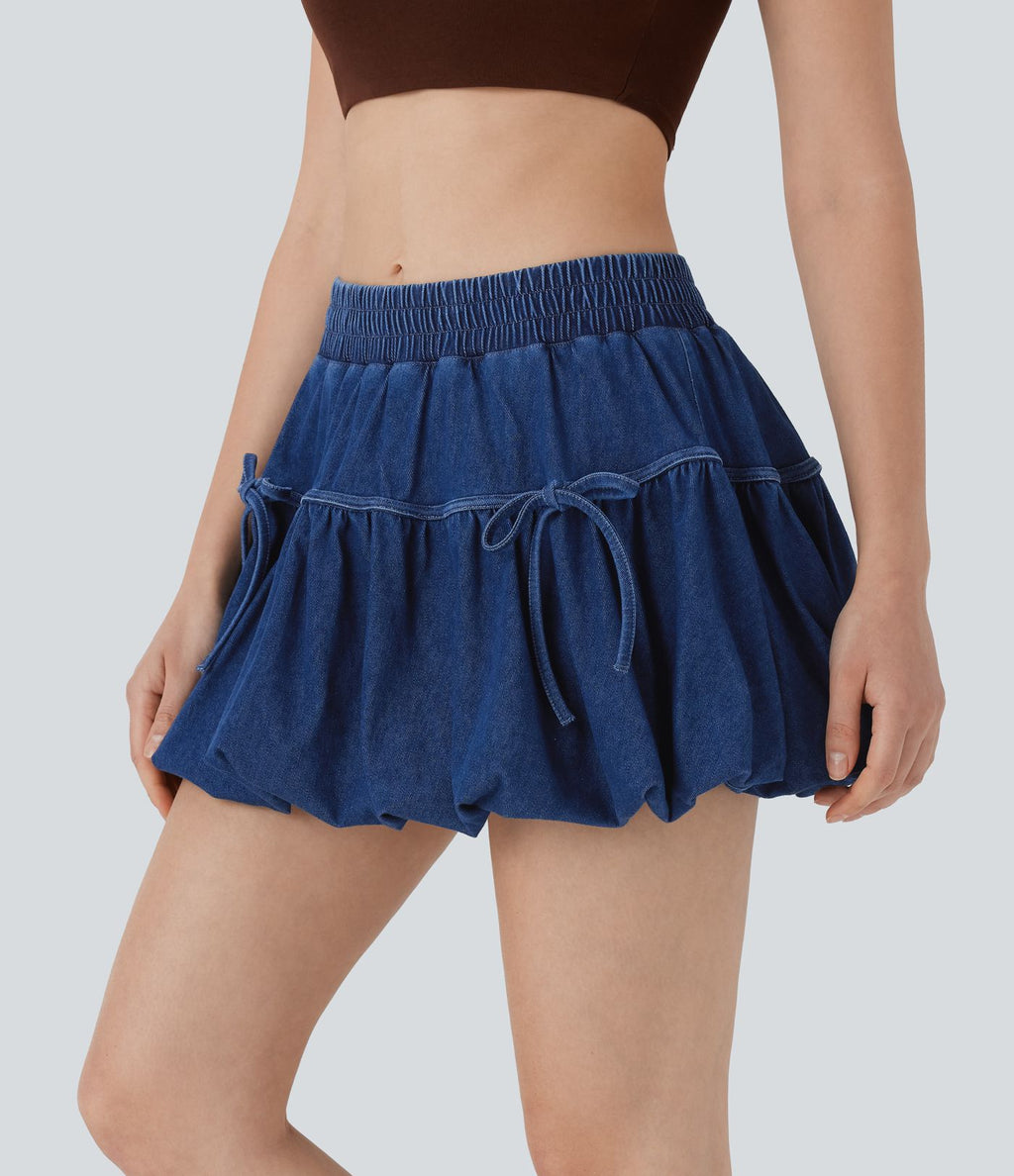 Halara Flex™ jupe-short boule mini 2-en-1 taille moyenne à nœud en jean extensible délavé