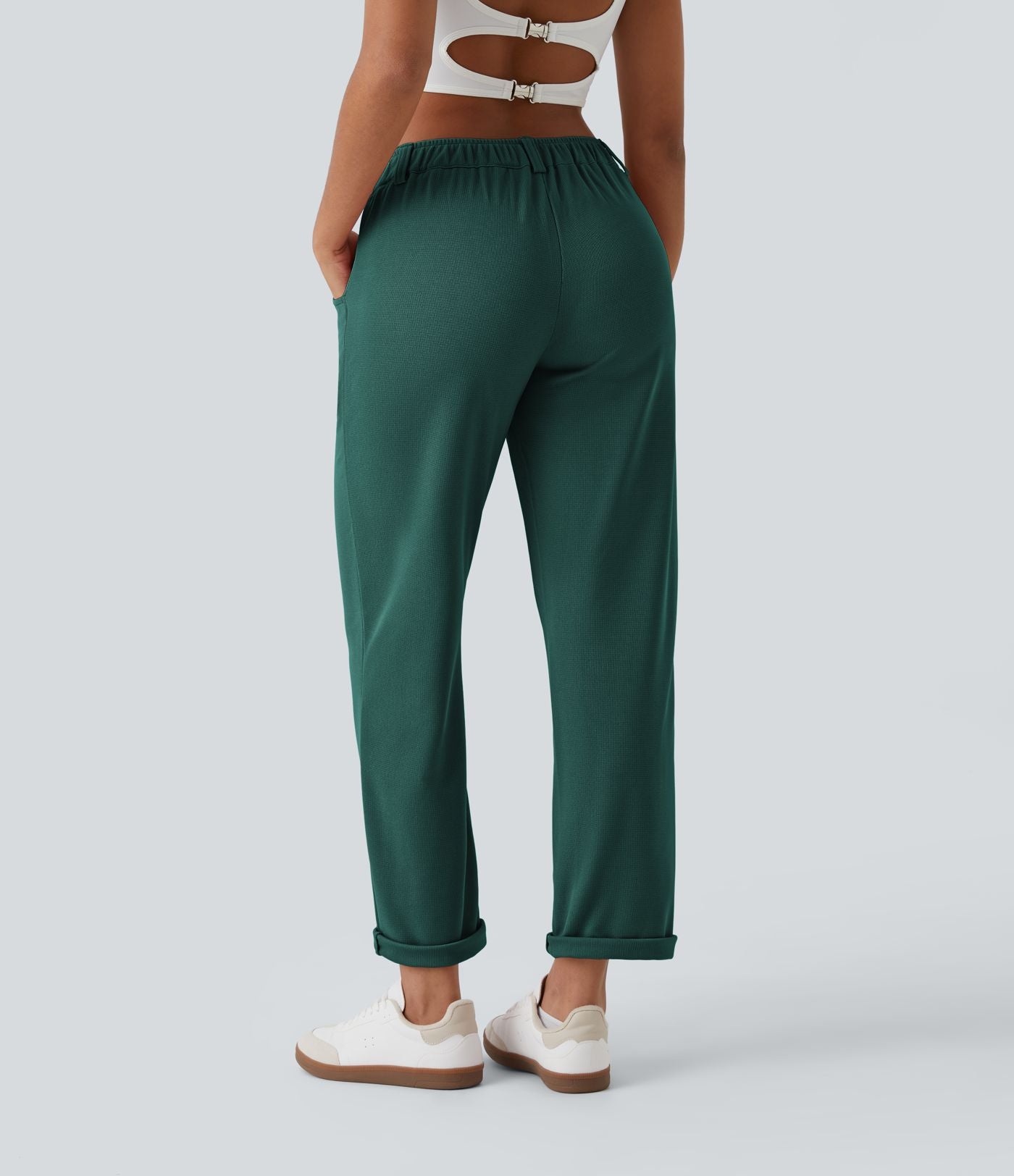Pantalon casual taille mi-haute en maille gaufrée avec poche zippée
