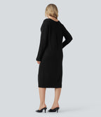 Robe pull laine mélangée col V manches longues mi-longue - réversible devant et dos