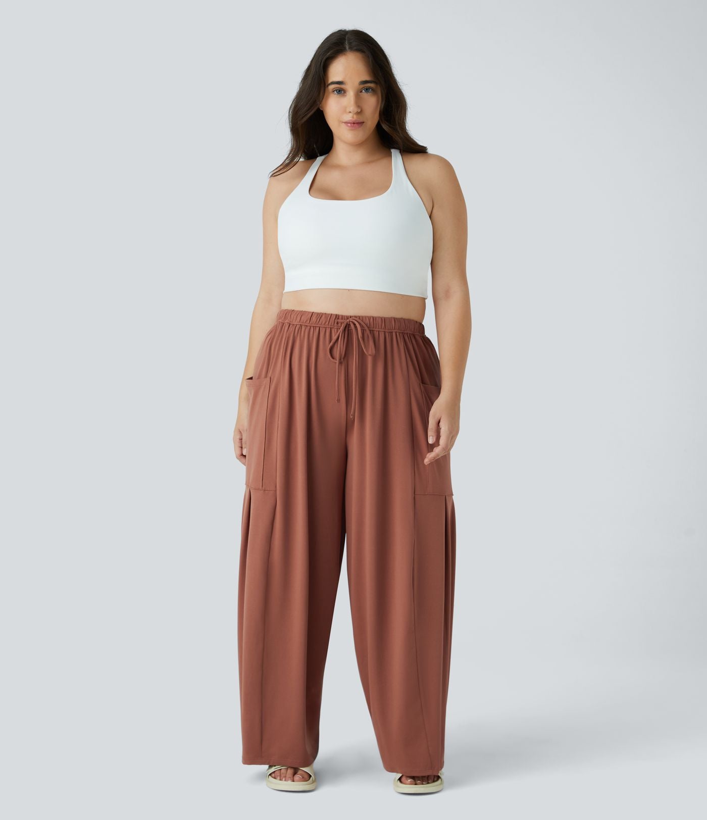 Pantalon Large Casual Taille Mi-Haute Taille Élastique Cordon Poches Latérales Ourlet Flottant Grande Taille