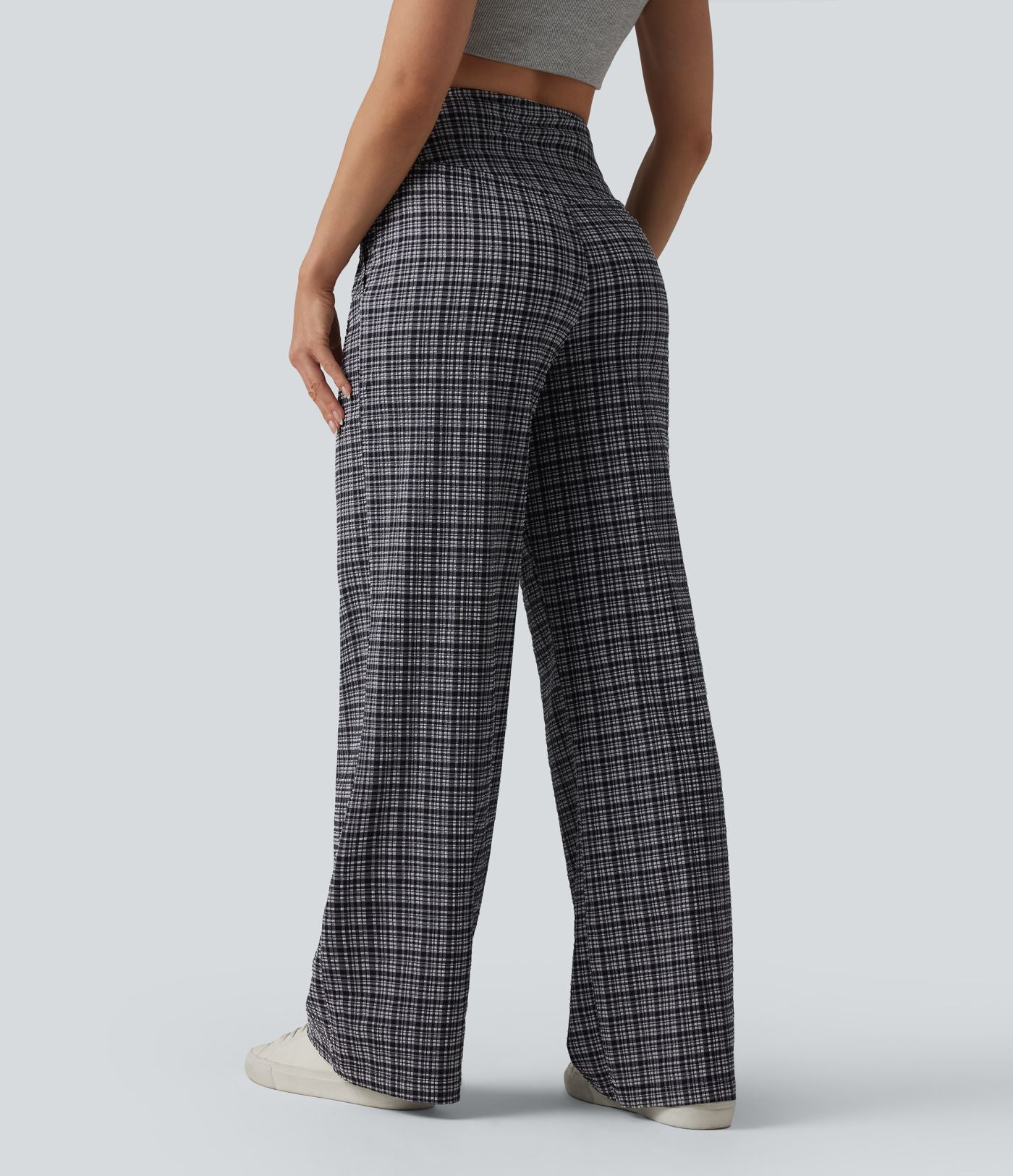 Pantalon large taille haute ventre plat à carreaux en tissu froissé séchage rapide avec poches