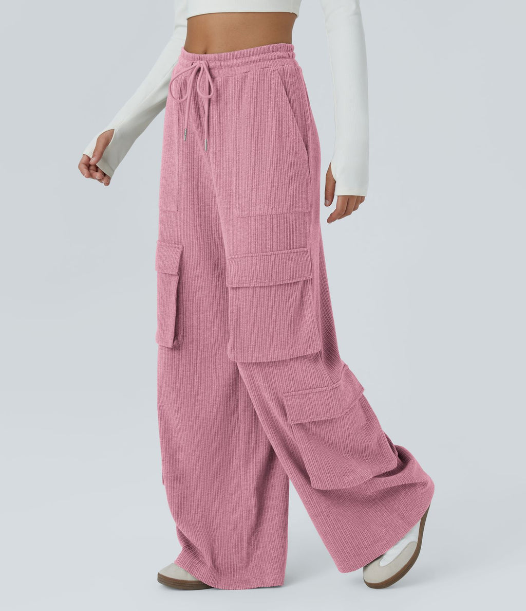 Pantalon cargo décontracté large à cordon côtelé, taille mi-haute, avec poches