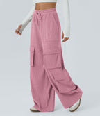 Pantalon cargo décontracté large à cordon côtelé, taille mi-haute, avec poches