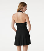 Robe mini décontractée, col V profond, dos-nu type licou, brassière intégrée, fronces, à poches