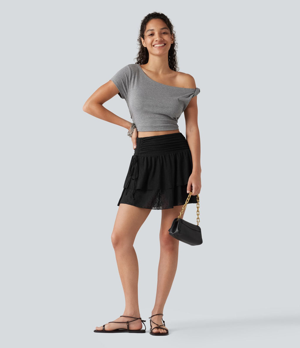 Jupe casual 2-en-1 à volants taille haute avec cordon de serrage et dentelle
