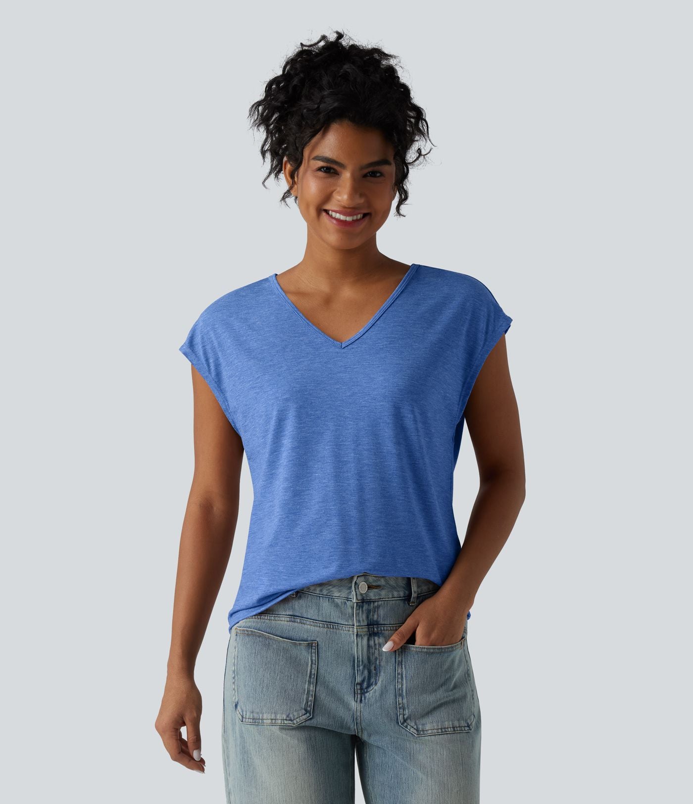 T-shirt décontracté chiné ample à manches courtes et col V