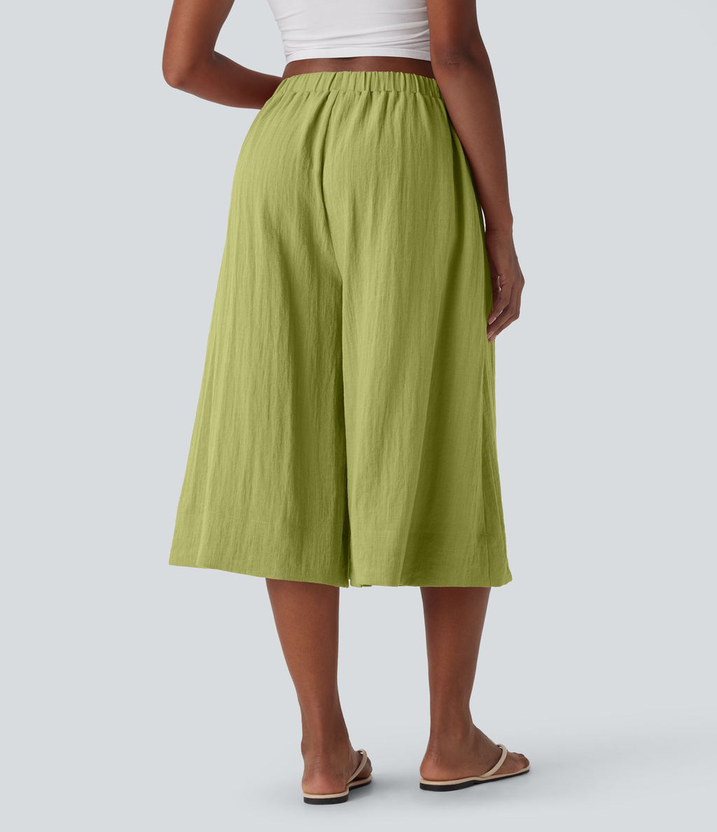 Pantalon fluide large taille mi-haute effet lin avec poche