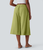 Pantalon fluide large taille mi-haute effet lin avec poche