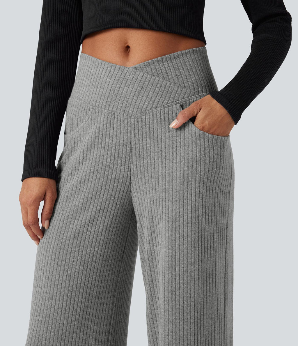 Pantalon droit décontracté côtelé croisé gainant taille haute avec poches