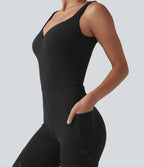 SoftlyZero™ Combinaison yoga évasée à col cœur avec découpes, dentelle contrastée et poches - UPF50+