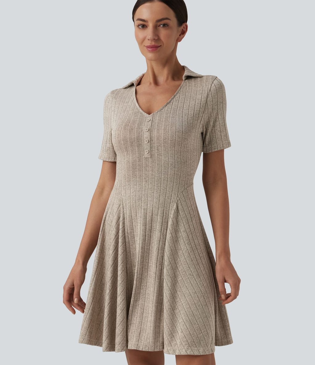 Robe mini casual évasée col V manches courtes en maille côtelée