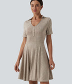 Robe mini casual évasée col V manches courtes en maille côtelée