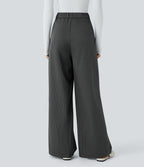Pantalon Tailleur Large Fluide à Rayures, Taille Haute, Bouton et Fermeture Éclair, Poches Latérales