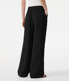 Pantalon ample décontracté effet lin, taille moyenne, à poches