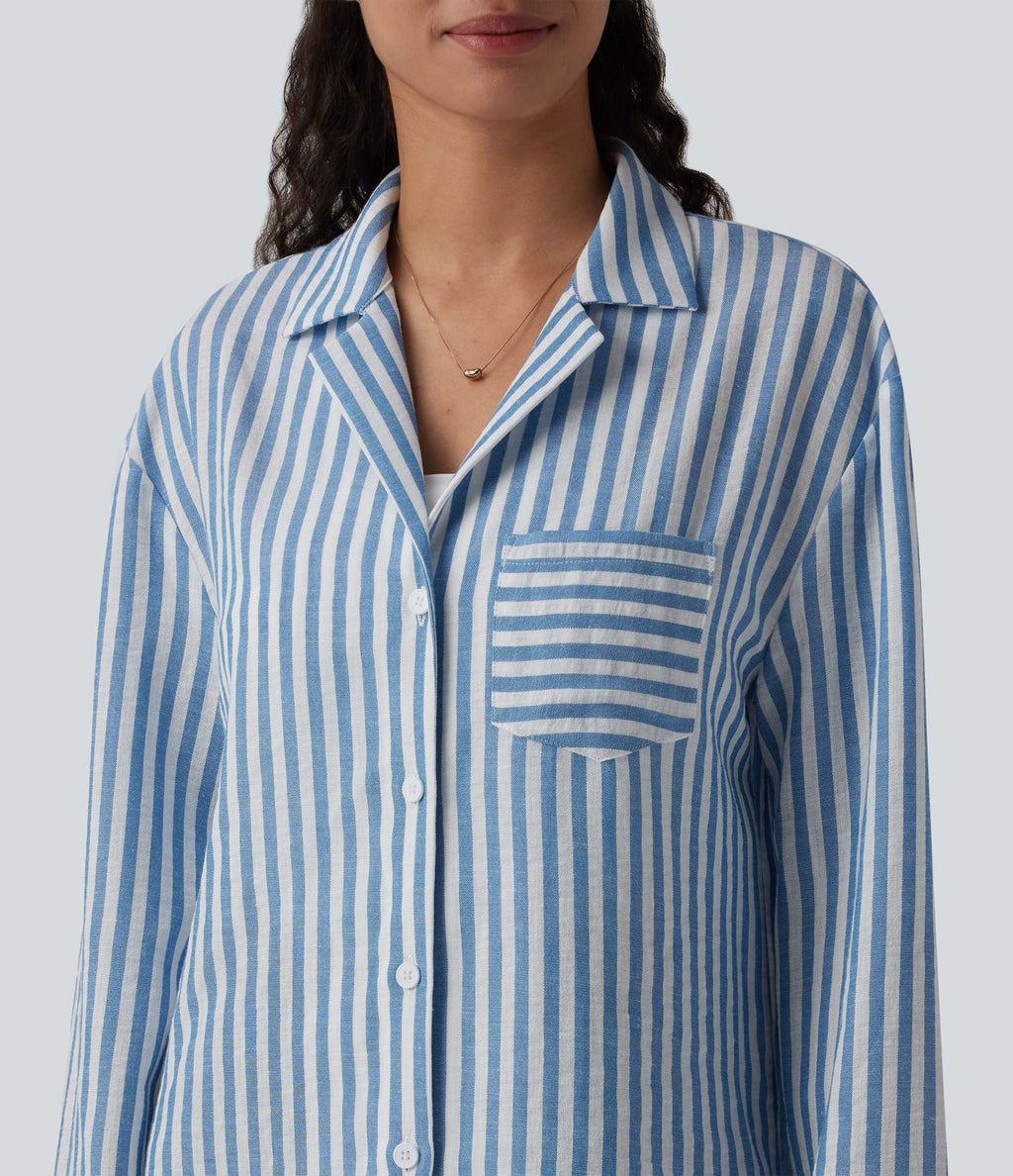 Chemise décontractée rayée col cranté manches longues aspect lin avec poche