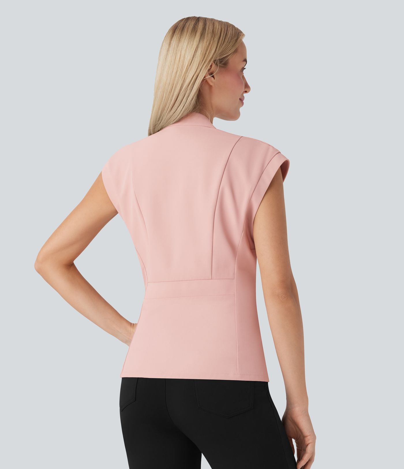 Veste short tailleur à col V, sans manches, portefeuille et ceinture