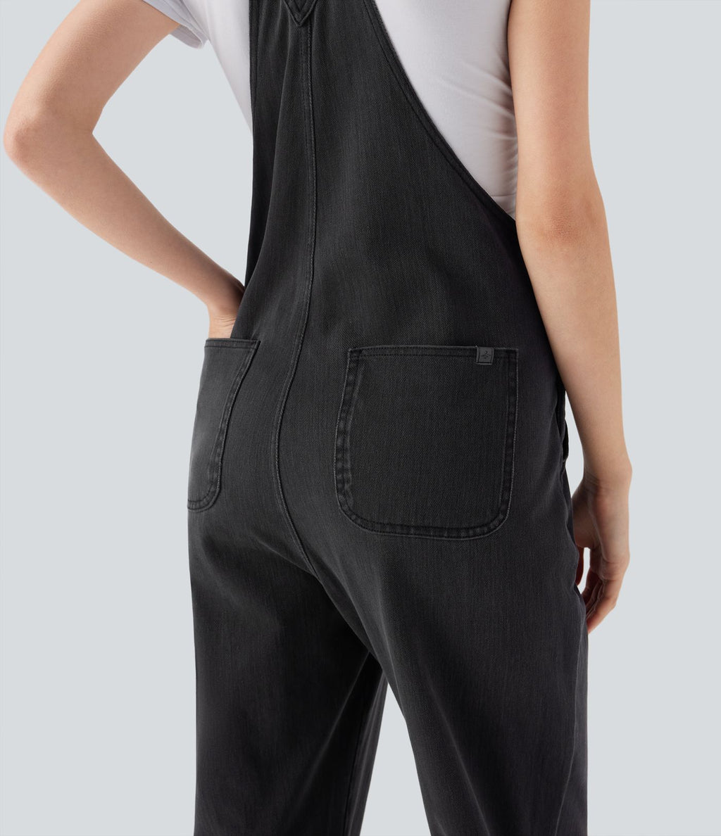 Salopette casual denim Halara Flex™ jambe droite maille extensible avec boutons et multiples poches