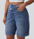 Short denim décontracté Halara Flex™ asymétrique délavé taille haute 23 cm avec poches