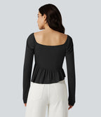 T-shirt décolleté carré à manches longues avec ourlet à volants