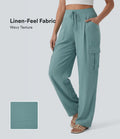Pantalon cargo casual coupe droite taille mi-haute aspect lin à cordon de serrage avec poches