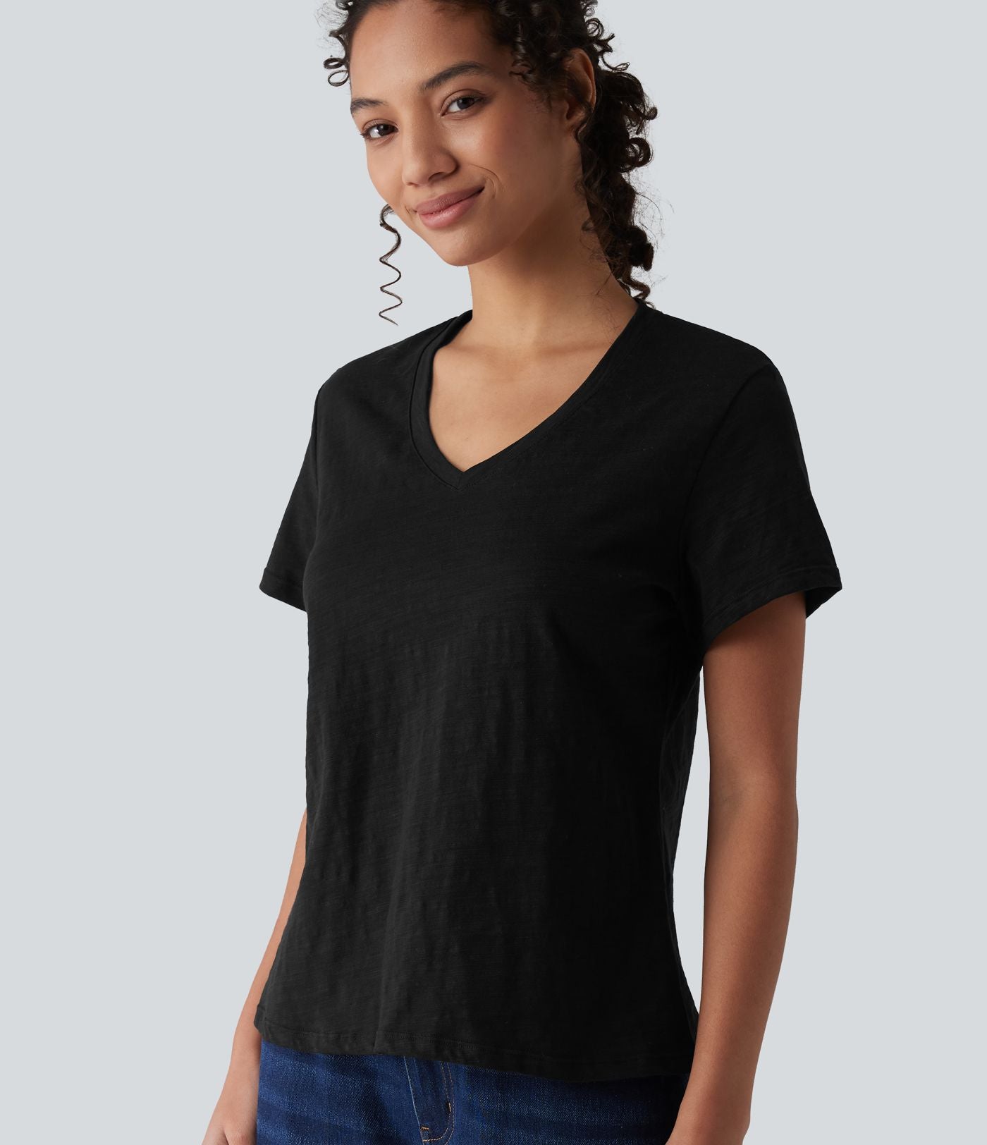 T-shirt casual ample col V manches courtes en coton slub