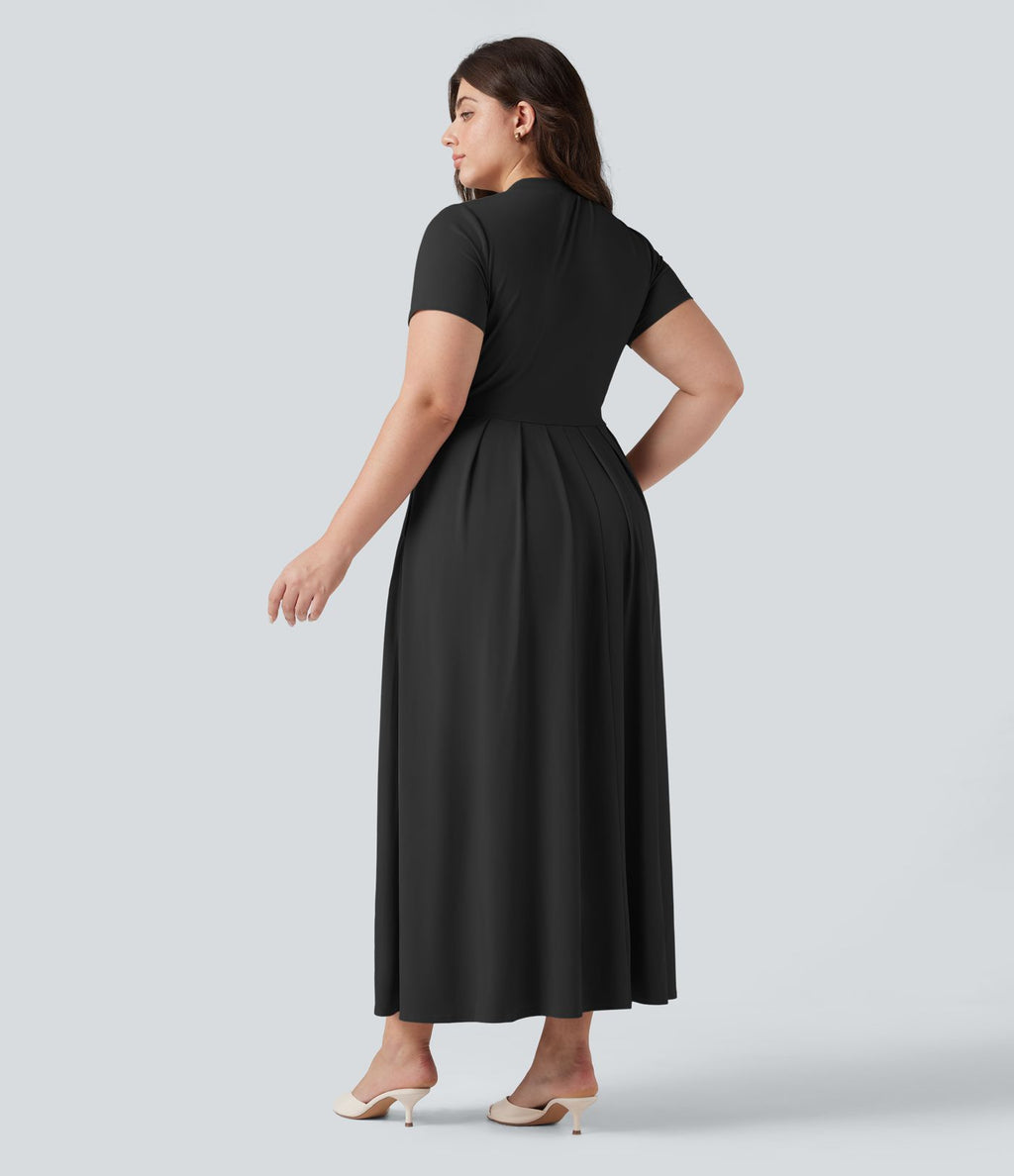 Robe longue évasée décontractée grande taille col officier manches courtes avec poches