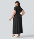 Robe longue évasée décontractée grande taille col officier manches courtes avec poches
