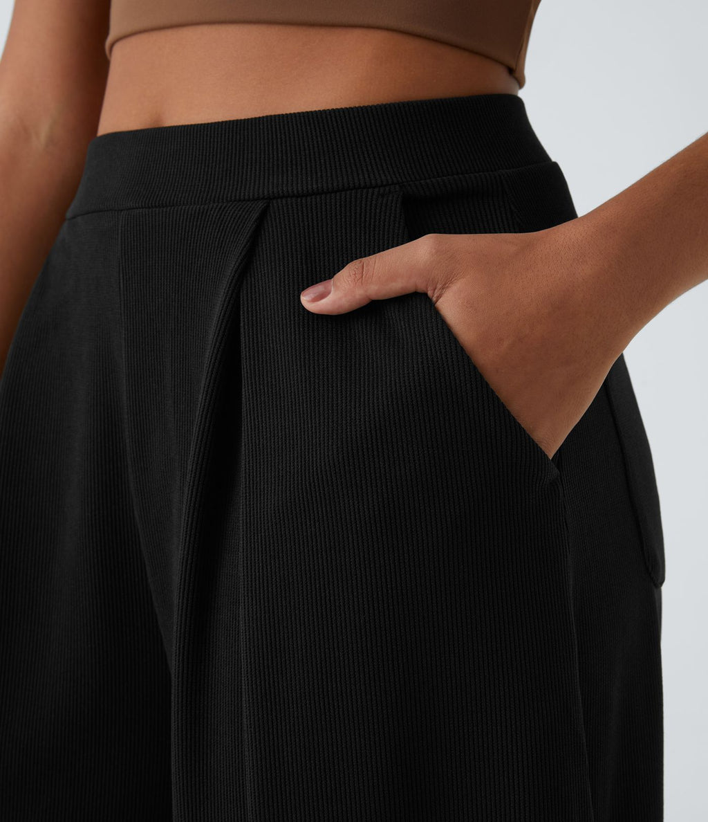 Pantalon décontracté harem uni côtelé, taille haute, avec poches