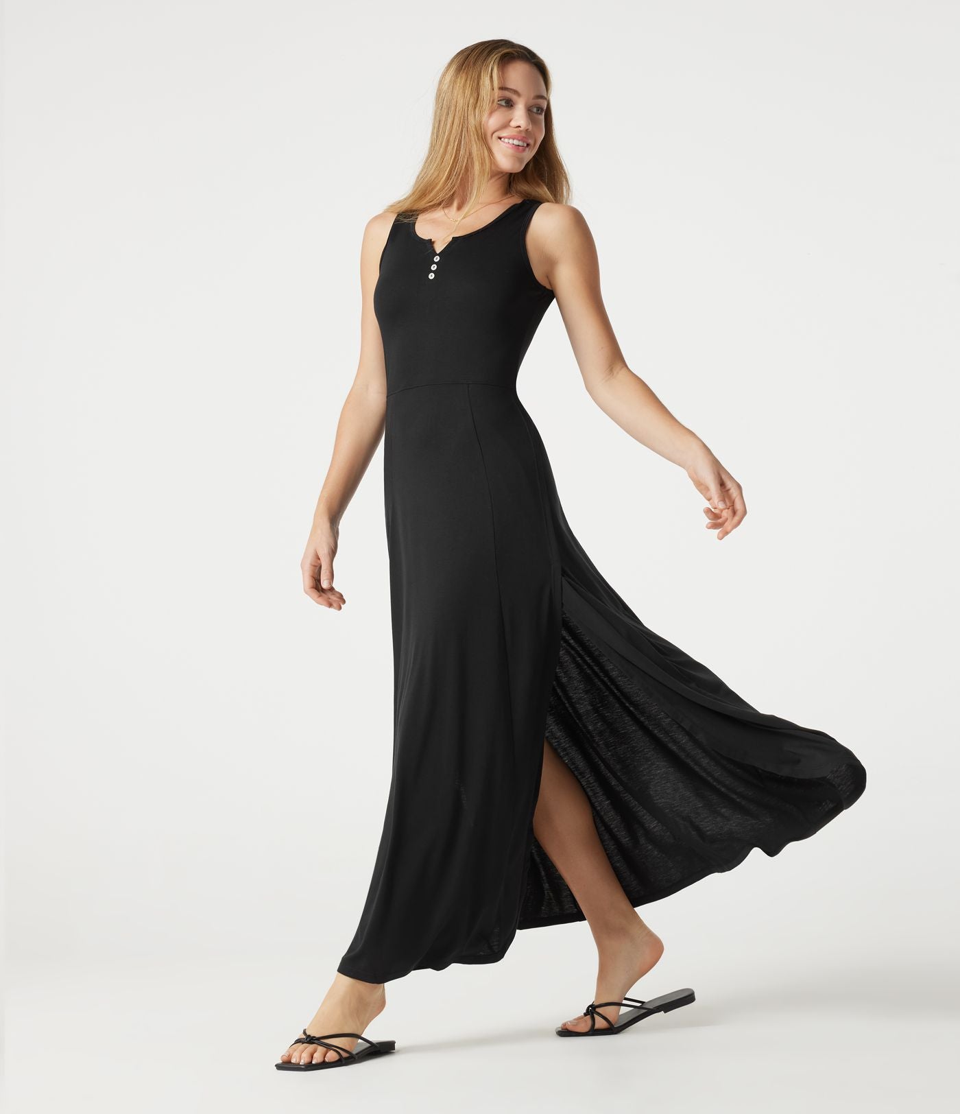 Robe longue fluide décontractée sans manches à col cranté et fente