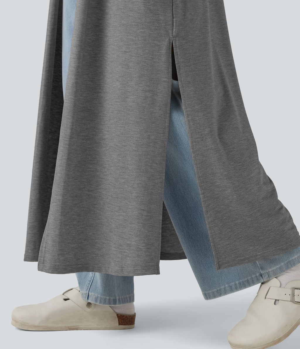 Manteau long décontracté à manches longues chiné avec fentes latérales