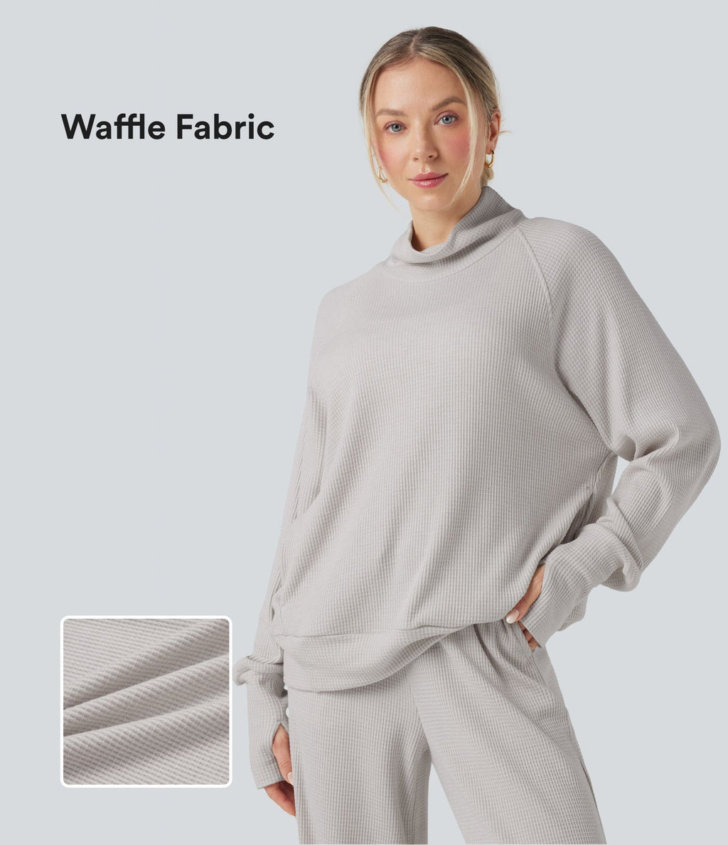Sweat décontracté oversize col montant manches longues maille gaufrée à trous pouces avec poches