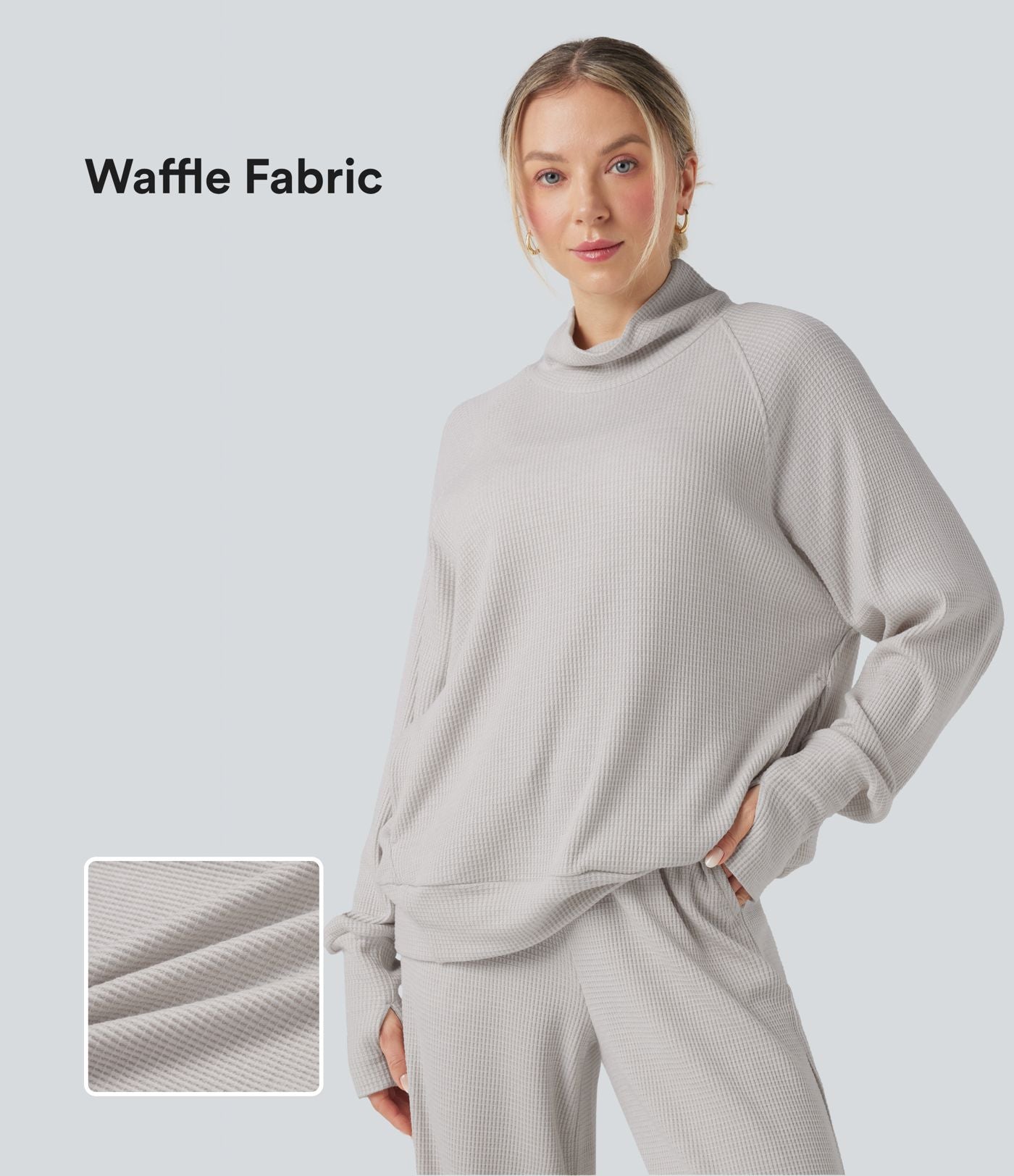Sweat décontracté oversize col montant manches longues maille gaufrée à trous pouces avec poches
