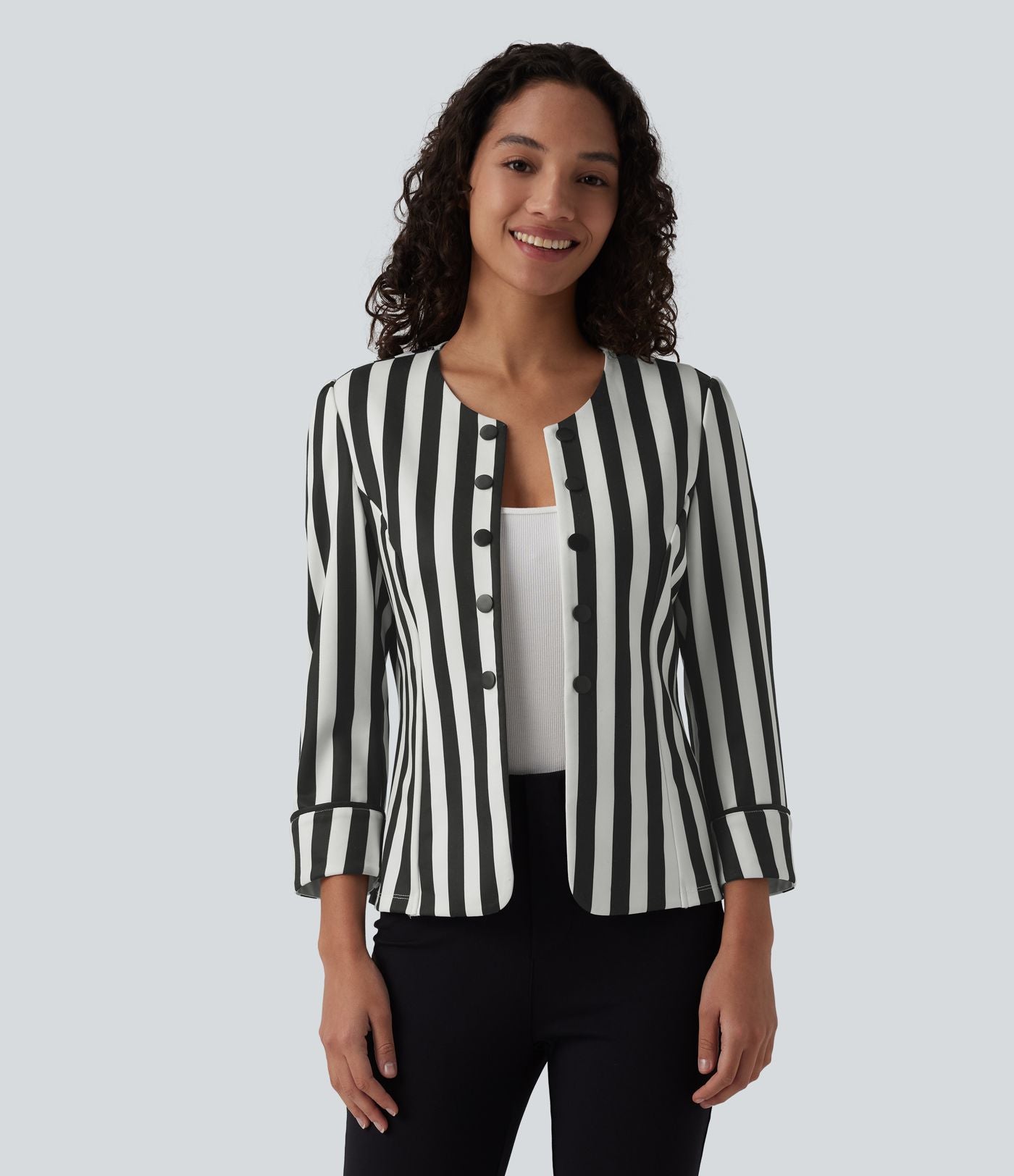 Blazer tailleur ajusté col rond manches 3/4 boutons décoratifs rayé color block