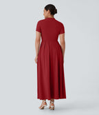 Robe longue décontractée à col montant, manches courtes et poches latérales