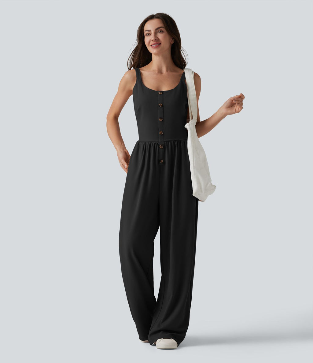 Combinaison casual large en tissu gaufré col U sans manches avec fronces, boutons décoratifs et poches — Easy Peasy