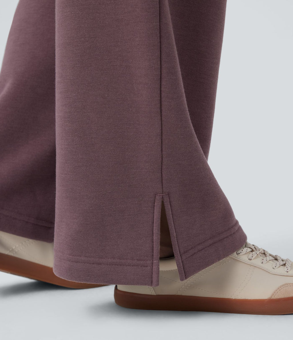 Pantalon jogging décontracté polaire taille haute jambe large avec cordon de serrage ourlet fendu et poches